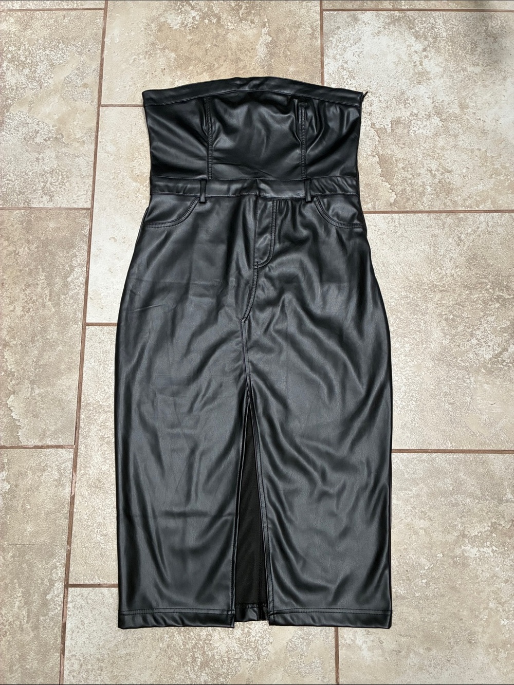 like an angel Black Strapless Faux Leather Midi Dress with Front Slit Detail